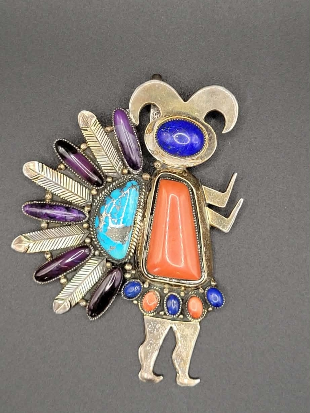 Esther Wood Brooch With Turquoise, Coral, Lapis, And Sugilite